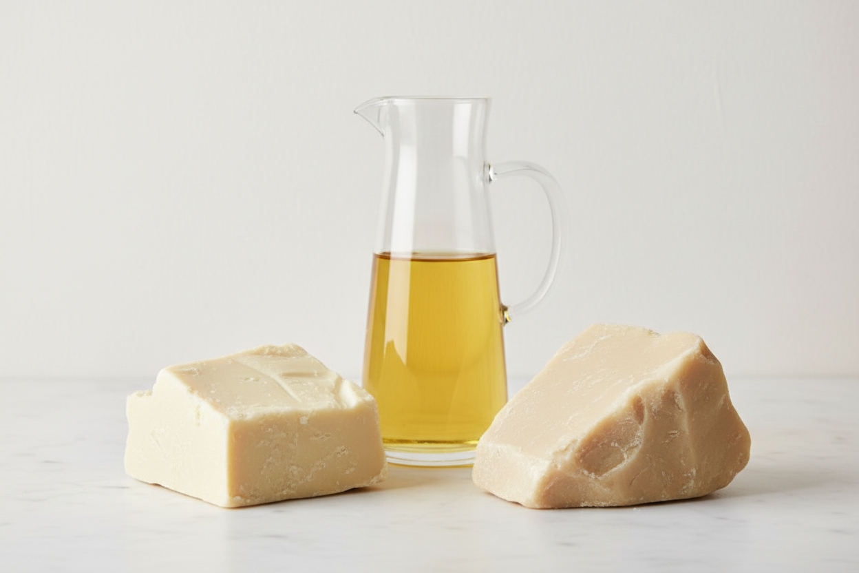 show a raw shea butter, raw cocoa butter will a clear glass pitcher vase filled with baobab oil. cocoa butter pictured on the left, shea butter on the right, vase of oil centered in the rear of the two